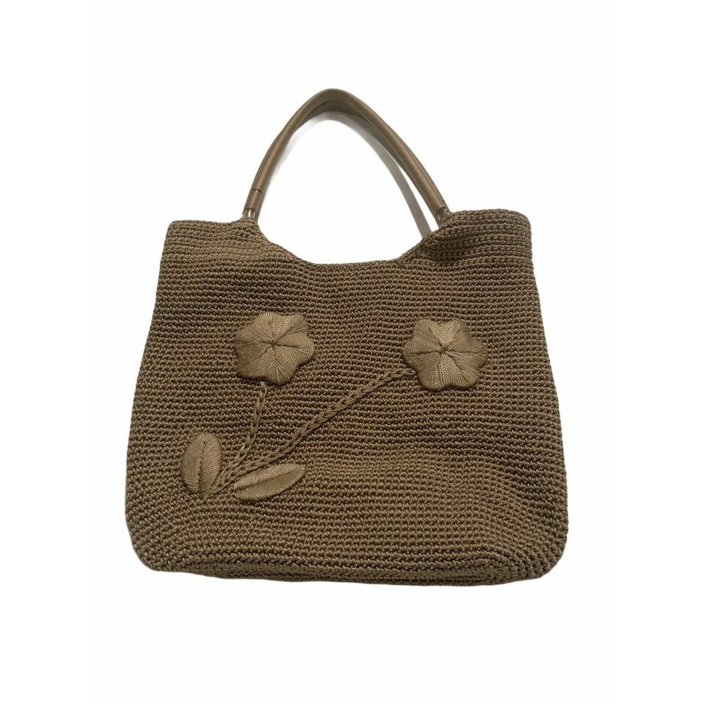 Crochet Woven Shoulder Bag Purse Beige/Tan Flower